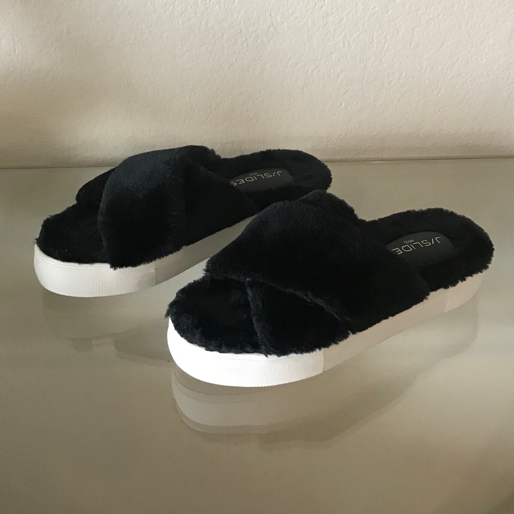 SOLD”LIKE NEW" J/SLIDES NYC FAUX FUR PLATFORM